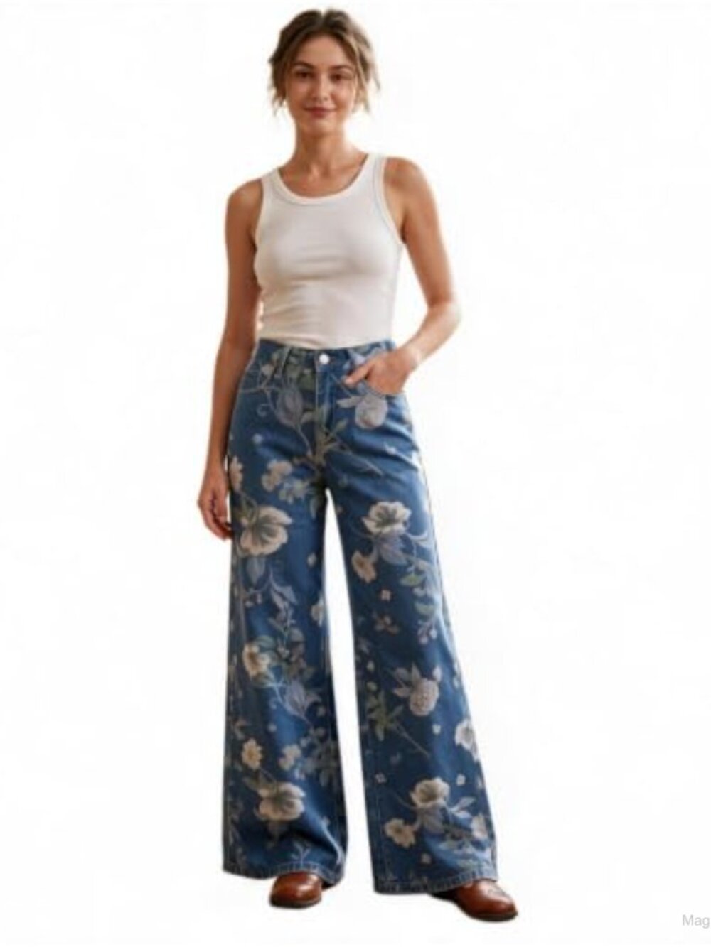 Floral High Waisted Straight Leg Jeans Cotton Blend Stretch